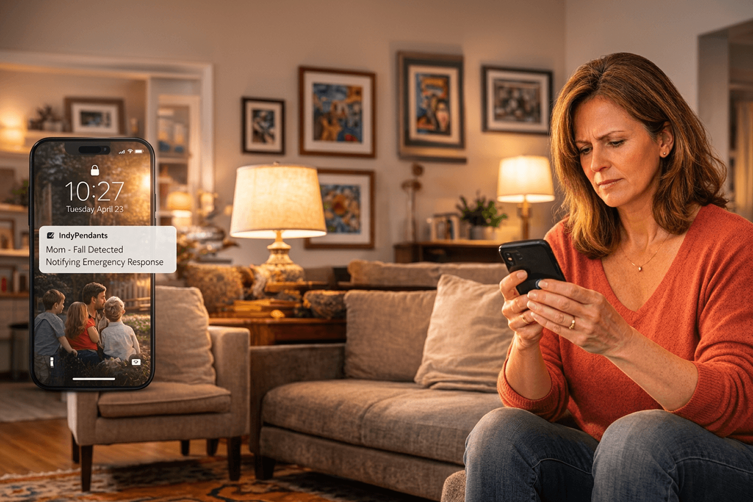 Worried adult daughter checking her phone after learning her elderly mother has fallen