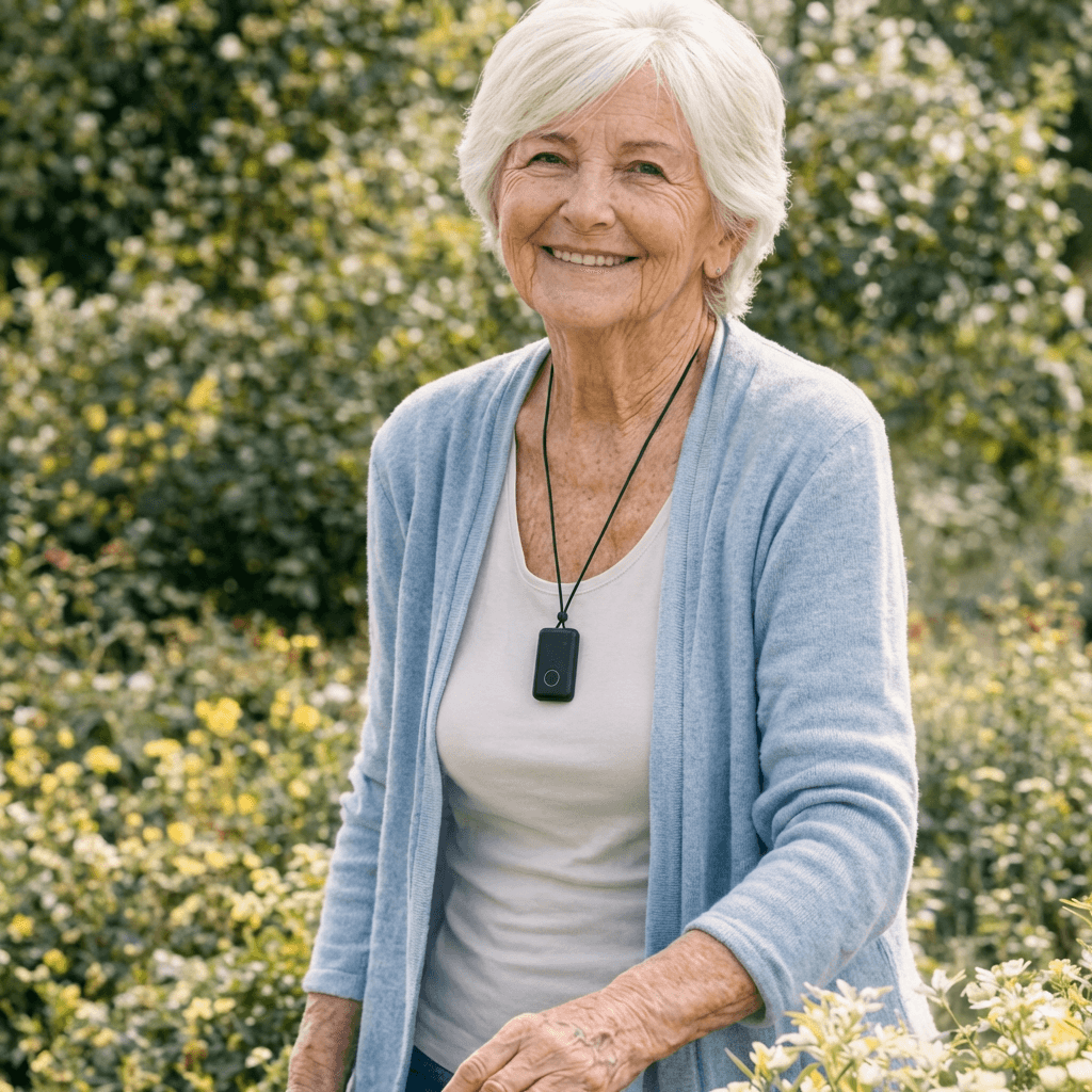 Senior woman wearing an IndyPendants medical alert pendant outdoors