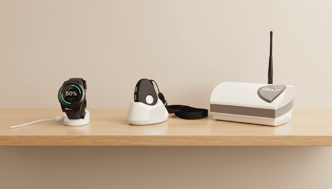 Close-up of all three IndyPendants devices arranged on a white marble surface — the at-home base station, portable mobile unit, and smartwatch — clean product photography with soft shadows